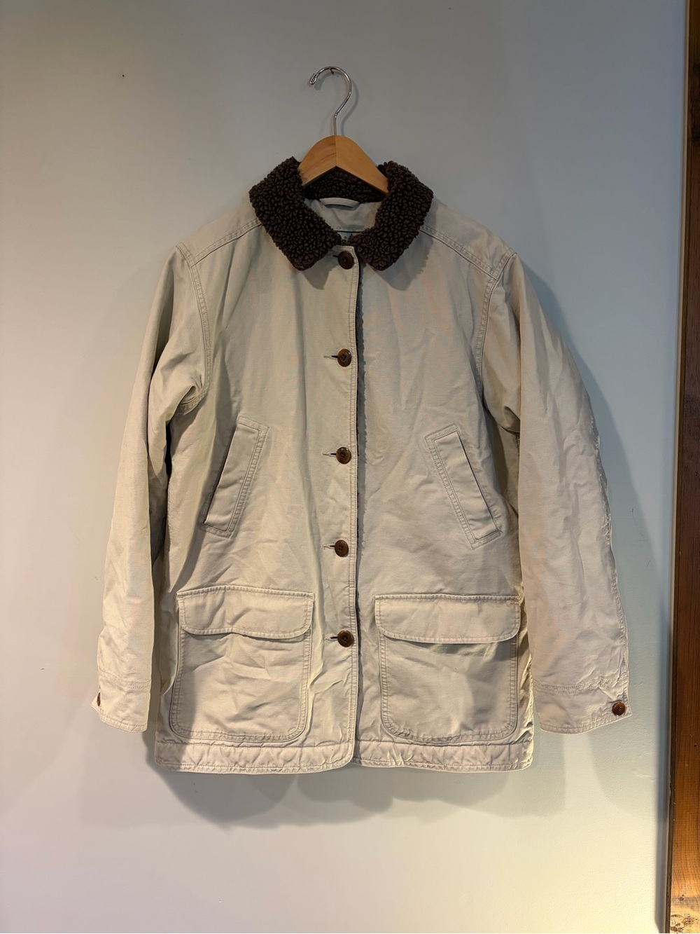 L.L. Bean Cream Utility Barn Jacket with Brown Sherpa Collar